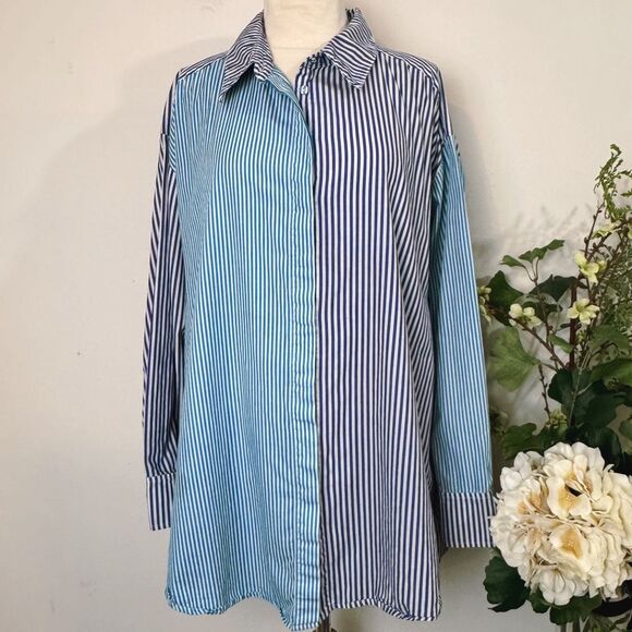 Anthropologie Bardot Spliced Boyfriend Shirt | Blue Stripe Contrast Button-Down - Picture 1 of 12